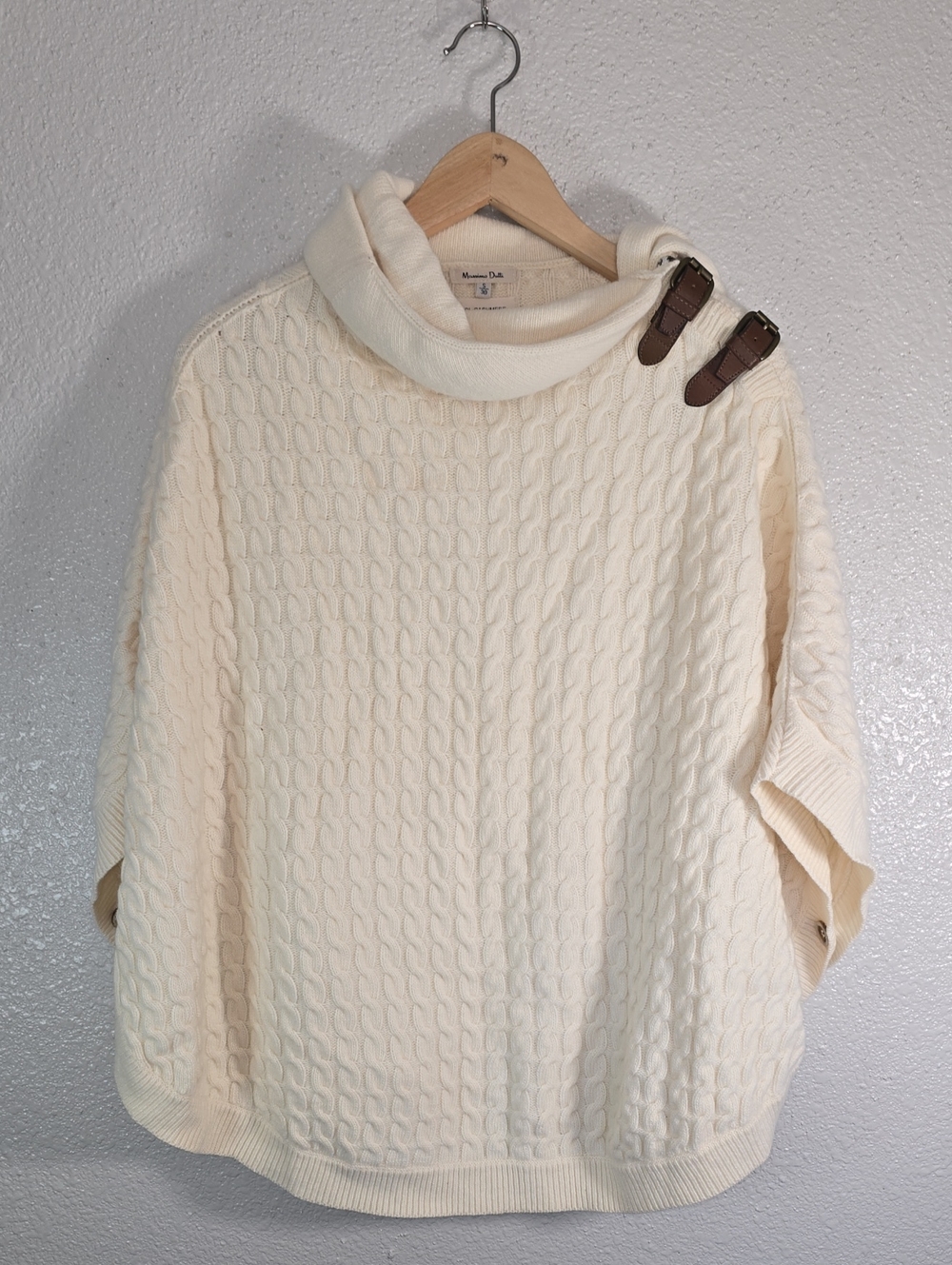 Massimo Dutti Cream Cable-Knit Turtleneck Poncho with Buckle Straps